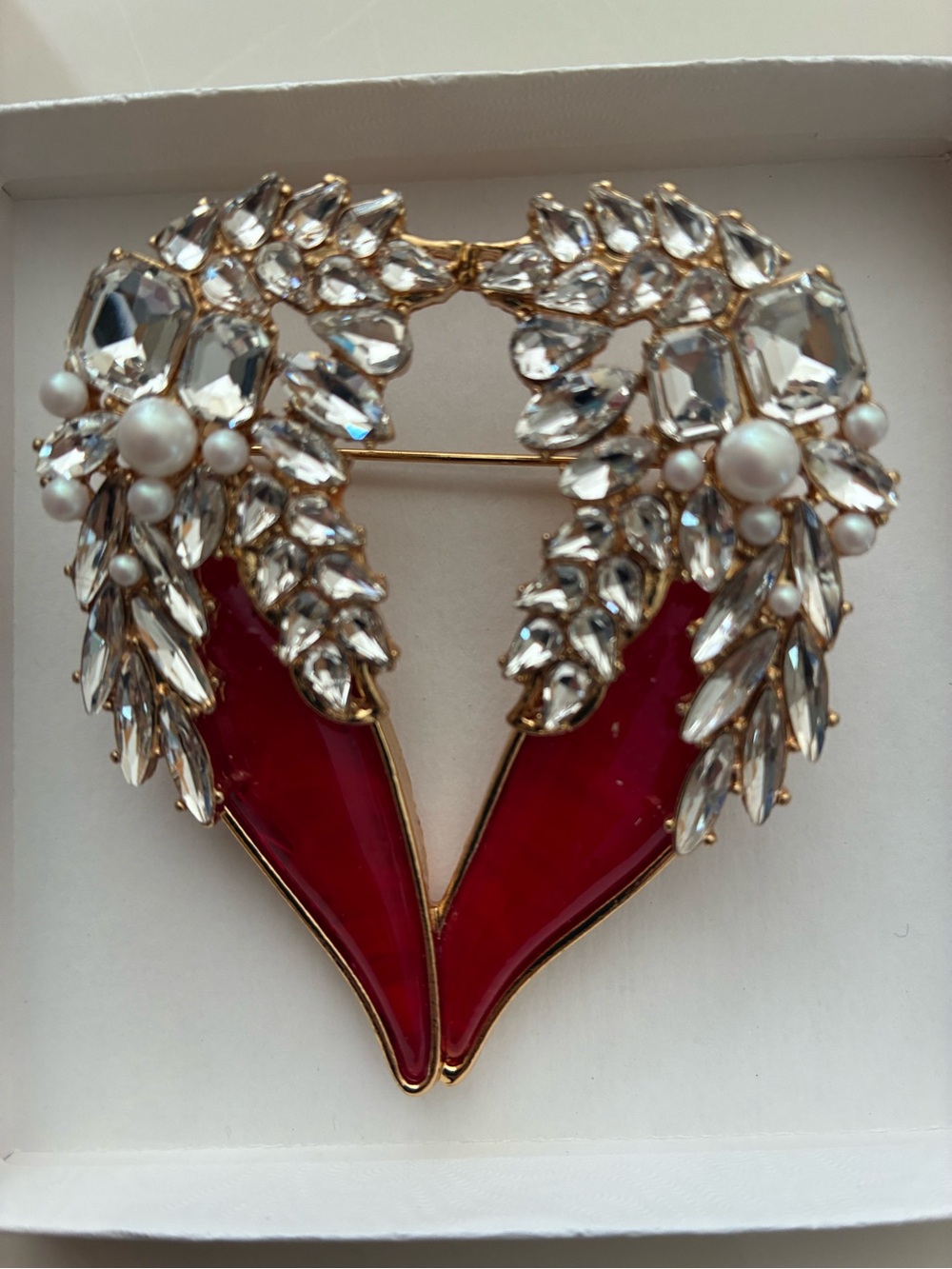 Joan Rivers Elegant Red Crystal and Pearl Heart Brooch - Women Jewelry